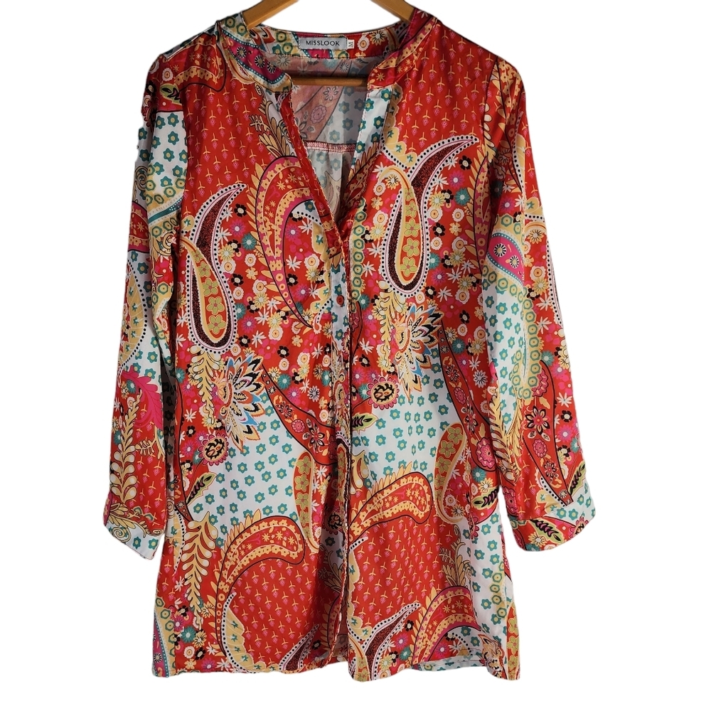 Women's MISSLOOK Orange Paisley Long Sleeve Button Boho Down Tunic Top Medium